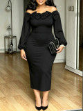 Women’s Spring Fall Plus Size Elegant Career Bow Puff Sleeve Long Sleeve Cocktail Dress