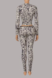 Women’s Streetwear Leopard Print Round Neck Long Sleeve Tight-Fitting Pants Two-Piece Set