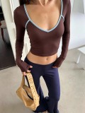 Women’s Fall Winter Heart Neckline Color Block Casual Slim Fit Long Sleeve T-Shirt