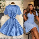 Women’s Textured Ruched Button V-Neck Short Sleeve Slim Fit A-Line Knitted Dress