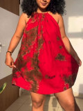 Women’s Plus Size Summer Casual Holiday Tie-Dye Halter Neck Short Dress