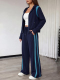 Women’s Color Block Hooded Jacket Wide-Leg Pants Casual Sports Two-Piece Set
