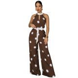 Women’s Polka Dot Print Halter Neck Sleeveless Jumpsuit