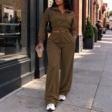 Women’s Fall Winter Casual Turndown Collar Top Drawstring Pocket Wide-Leg Pants Two-Piece Set