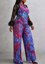 Women’s Plus Size V-Neck Slim Fit Lace Ruffle Sleeve Top Wide-Leg Pants Two-Piece Set