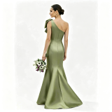 Women’s One-Shoulder Bow Satin Chic Formal Party Bridesmaid Evening Dress