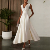 Women’s Formal Party Deep V-Neck Sleeveless Solid Slim Waist Flare Long Dress