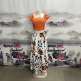 Women’s Summer Casual Solid Top Floral Print Long Skirt Two-Piece Set