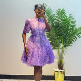 African Women’s Chic Elegant Printed Single-Breasted Irregular Short Sleeve Dress