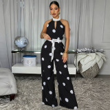 Women’s Polka Dot Print Halter Neck Sleeveless Jumpsuit
