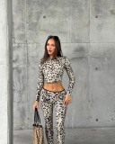 Women’s Streetwear Leopard Print Round Neck Long Sleeve Tight-Fitting Pants Two-Piece Set