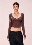 Women’s Fall Winter Heart Neckline Color Block Casual Slim Fit Long Sleeve T-Shirt