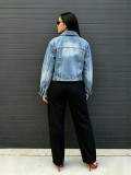 Women’s Streetwear Embroidered Cutout Washed Denim Jacket