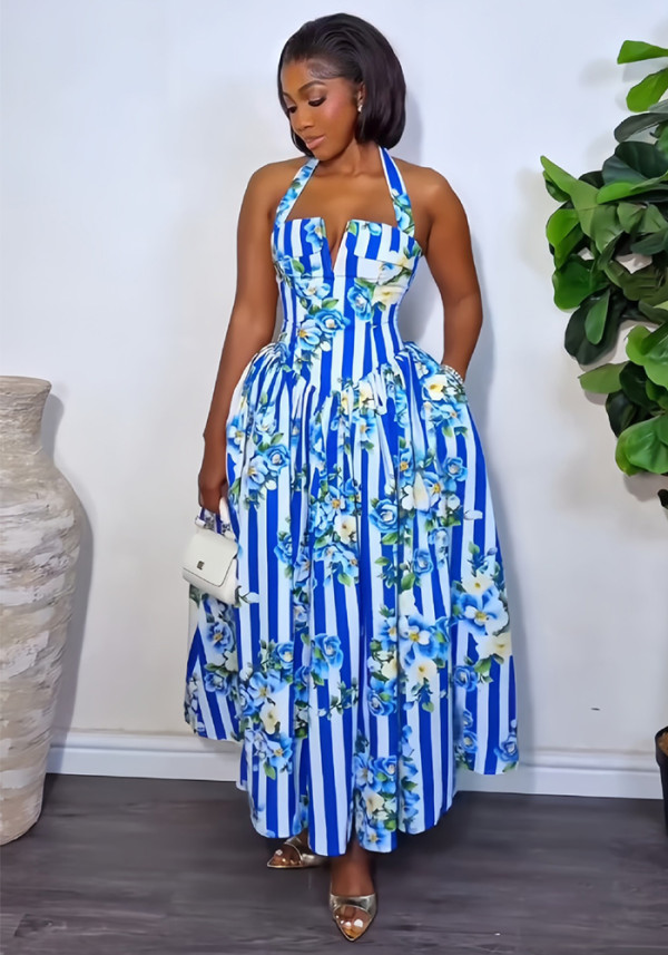 Women’s Fall Sleeveless Halter Neck V-Neck Printed Slim Waist Ruched Chic Dress