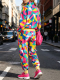 Women’s Fashion Casual Color Block Irregular Long Sleeve Pants Sports Two-Piece Set