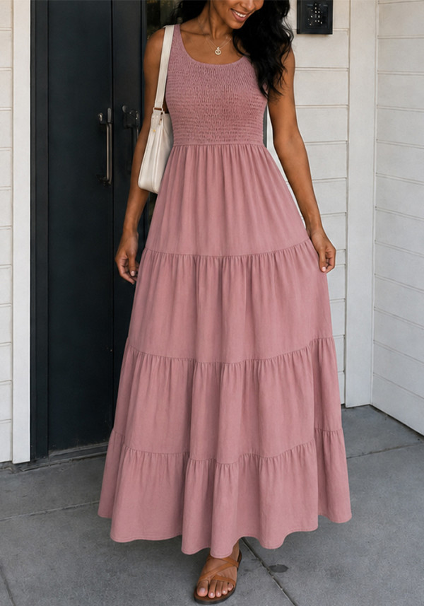 Women’s Summer Round Neck Elegant Chic Pleated A-Line Flare Dress