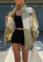 Women Autumn/Winter American Color-block Stand Collar Contrast Patchwork Jacket