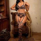 Women Black Lace Leopard Patchwork Garter Bra and Panty Lingerie Set