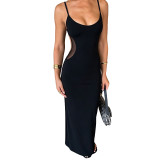 Women Sexy Side Mesh See-Through Strap Bodycon Maxi Dress