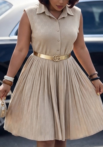 Plus Size Women Summer Turndown Collar Pleated Dress