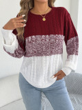 Women Autumn/Winter Casual Color-block Cable Knit Irregular Lantern Sleeve Sweater