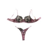Women Sexy Leopard Pink Brown Embroidered Bra Lingerie Two-piece Set