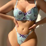 Women Embroidered Pink Floral Underwire Sexy Lingerie Bra Two-piece Set