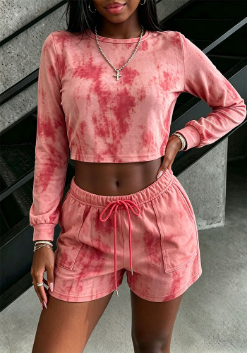Women Autumn/Winter Contrast Round Neck Casual Top and Pocket Shorts Two-piece Set