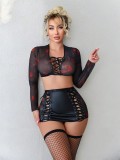Women Sexy Print See-Through Bodycon Lace-Up Costume Two-piece Set
