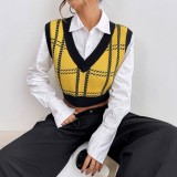 Women Knit Autumn V Neck Plaid Vest