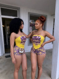 Women Casual Letter Print Strapless Top and Shorts Two-piece Set
