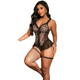 Women Leopard Lace Waist Cincher Garter Ruffle Dress Lingerie Set