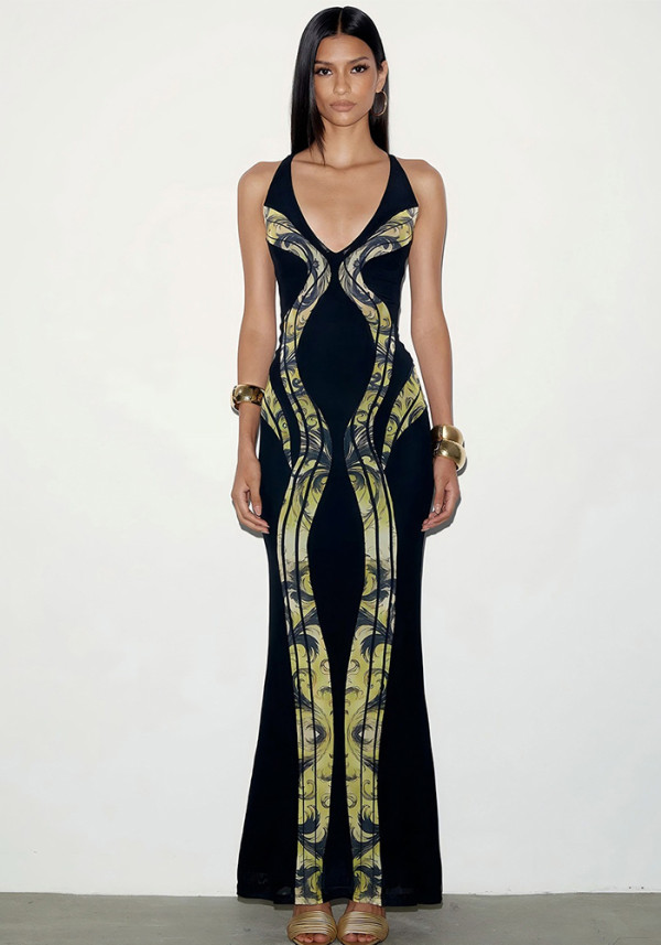 Women Autumn V Neck Sleeveless Hollow-out Strap Fishtail Dress