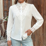 Women White Lace Long-sleeve Stand Collar Patchwork Lace Hollow-out Top Shirt