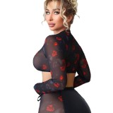 Women Sexy Print See-Through Bodycon Lace-Up Costume Two-piece Set