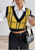 Women Knit Autumn V Neck Plaid Vest