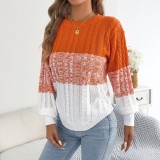 Women Autumn/Winter Casual Color-block Cable Knit Irregular Lantern Sleeve Sweater