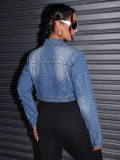 Women Beaded Denim Gradient Washed Turndown Collar Long-sleeve Crop Jacket
