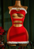 Christmas Women Hollow-out Fluffy Sexy Bodycon Dress Lingerie