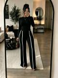 Women Autumn/Winter Solid Long-sleeve Top + Patchwork Wide-leg Pants Two-piece Set