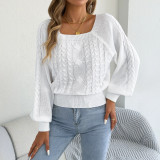 Women Autumn/Winter Casual Solid Cable Knit Square Neck Long-sleeve Sweater