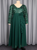 Plus Size Women Dark Green Sequin Long-sleeve V Neck Chiffon Formal Party Maxi Dress