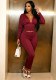 Women Solid V Neck Ruched Long-sleeve Top and Long Pants Two-piece Set
