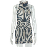 Women Print Round Neck Party Bodycon Mini Dress