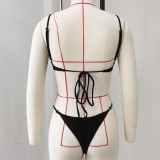 Women Black Lace-Up Sexy Backless Adjustable Pleated Two-piece Swimsuit