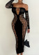 Women Off Shoulder Long-sleeve Fishnet Hollow-out Sexy Bodycon Dress