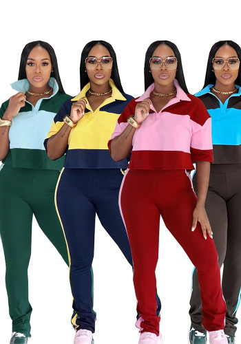 Women Autumn Turndown Collar Solid Patchwork Elbow-sleeve Top and Pant Casual Two-piece Set
