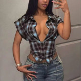 Women Spring/Autumn Striped Plaid Sexy Crop Top Shirt