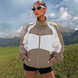 Women Autumn/Winter American Color-block Stand Collar Contrast Patchwork Jacket