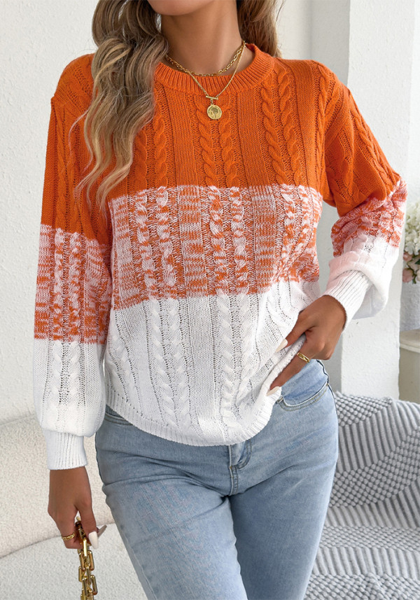 Women Autumn/Winter Casual Color-block Cable Knit Irregular Lantern Sleeve Sweater